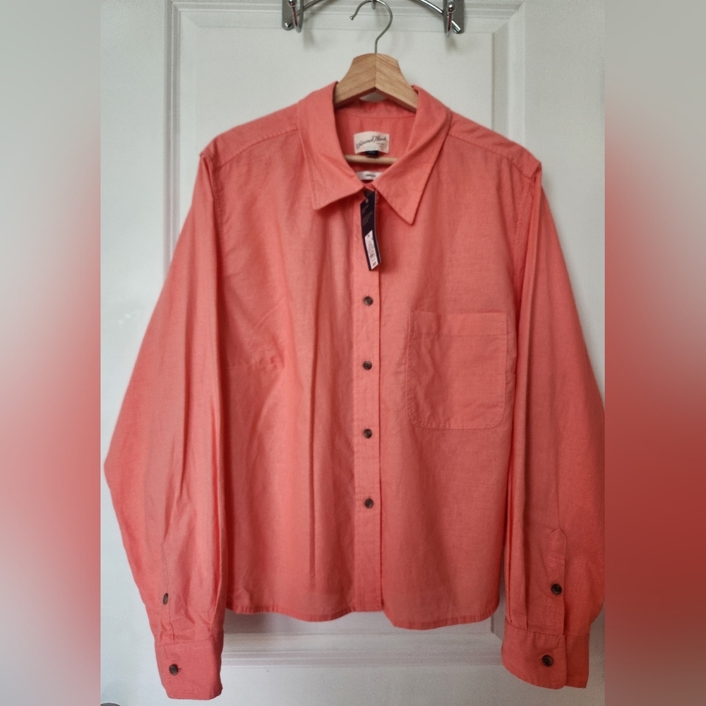 Womens Button Down Shirt Long Sleeve Cropped Fit Blouse Coral Collar Casual XXL